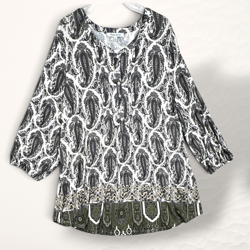 Rose + Olive Tunic Top Womens 2X Green Paisley Boho Henley Blouse 0411
